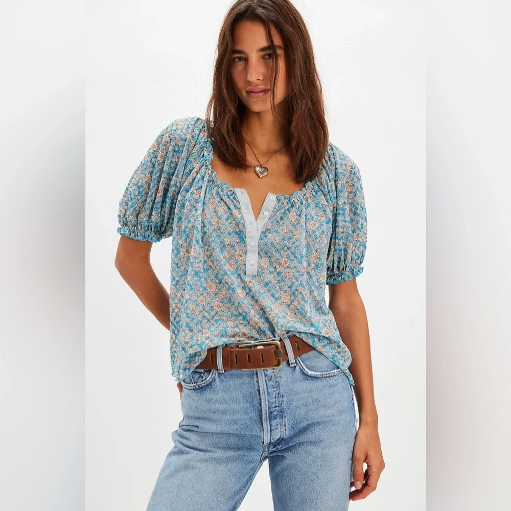 NWT Free People Size XS Astra Peasant Top Floral Lace Puff Sleeve Button Front